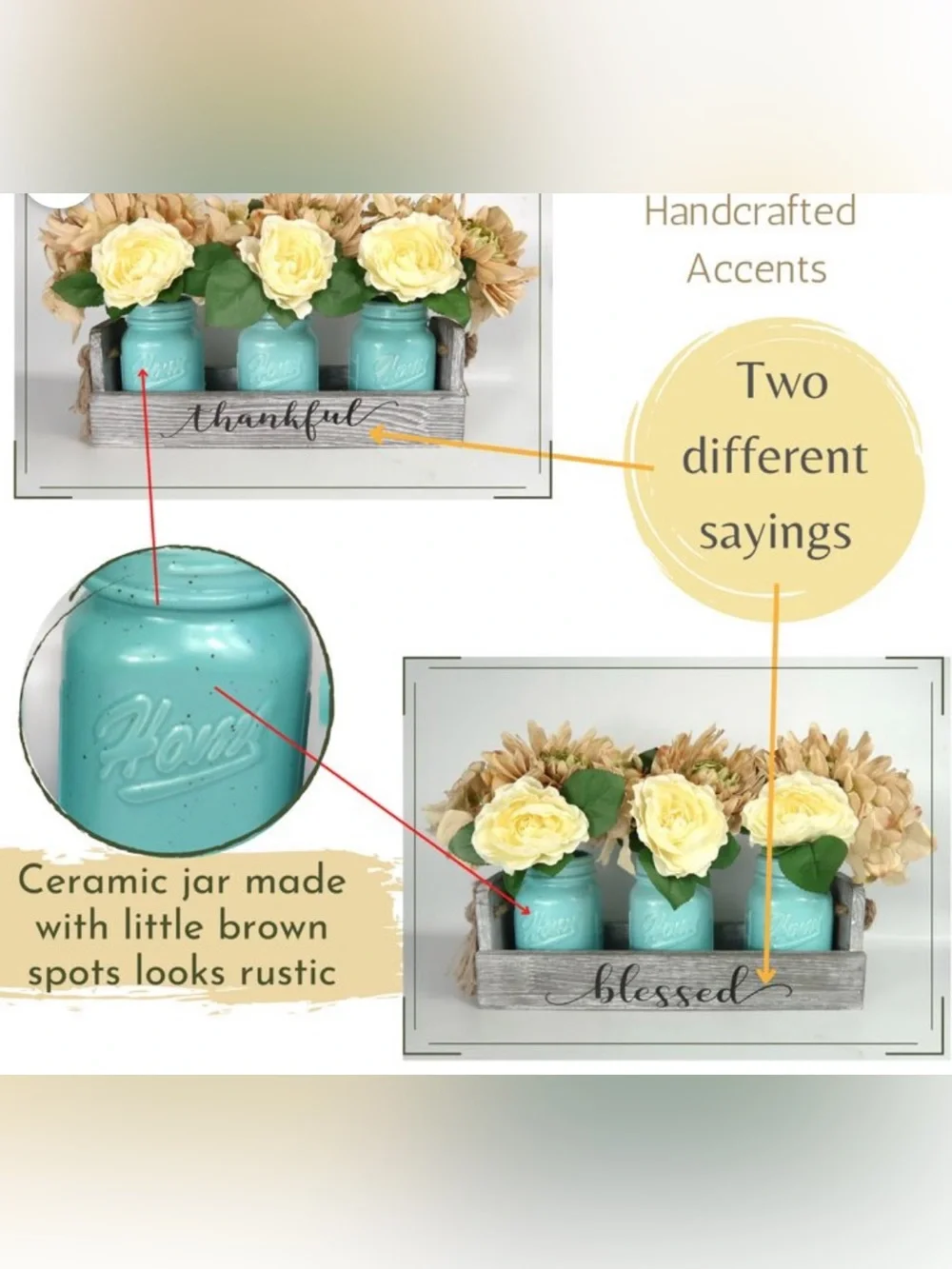 Decorative Blue Mason Jar Flower Arrangement with Cream & Peach Silk Blooms